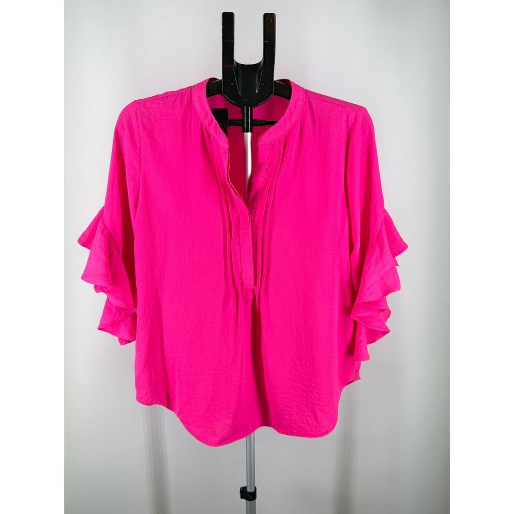Vince Camuto Womens Hot Pink Ruffle Sleeve Pleated Split Neck Blouse Size M
